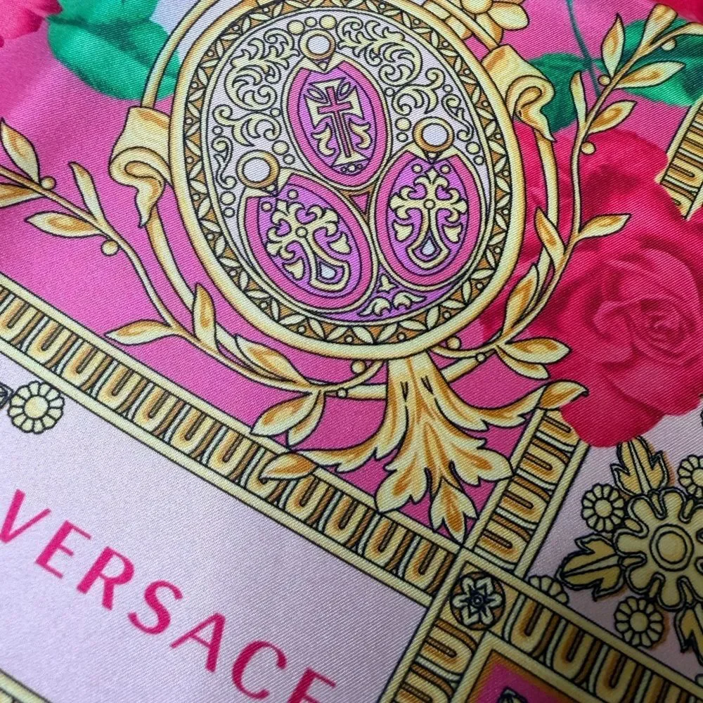 NEW IN BOX ✨ VERSACE SILK TWILL Medusa Hot Pink Roses & Gold Large Scarf
